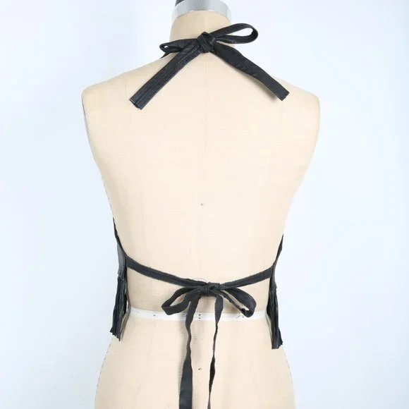 Vintage Black Leather Halter Top with Fringe & Beads Boho Hippie Biker Rock - Picture 4 of 4